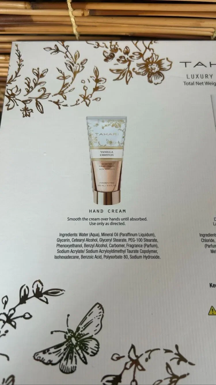 Tahari Vanilla Chiffon Hand Cream Shower Gel and Body Scrub Set New